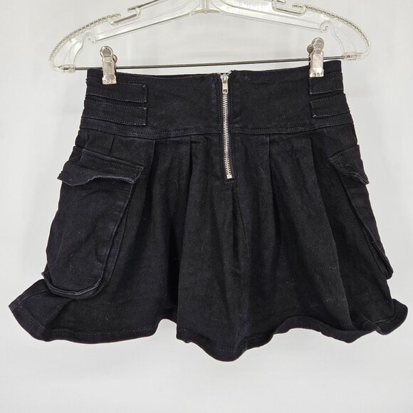 Hot Topic Mini Short Denim Jean Skirt Small Black Pocket Zipper Ring Gothic Punk - Picture 2 of 9